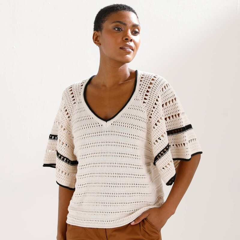 Ažúrový pulóver s motýlími rukávmi z úpletu ražná/čierna 054 67387674