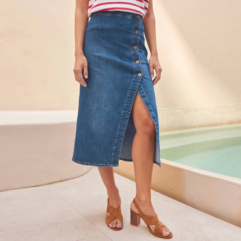 Džínsová midi sukňa na gombíky modrá 054 Blancheporte 67387672