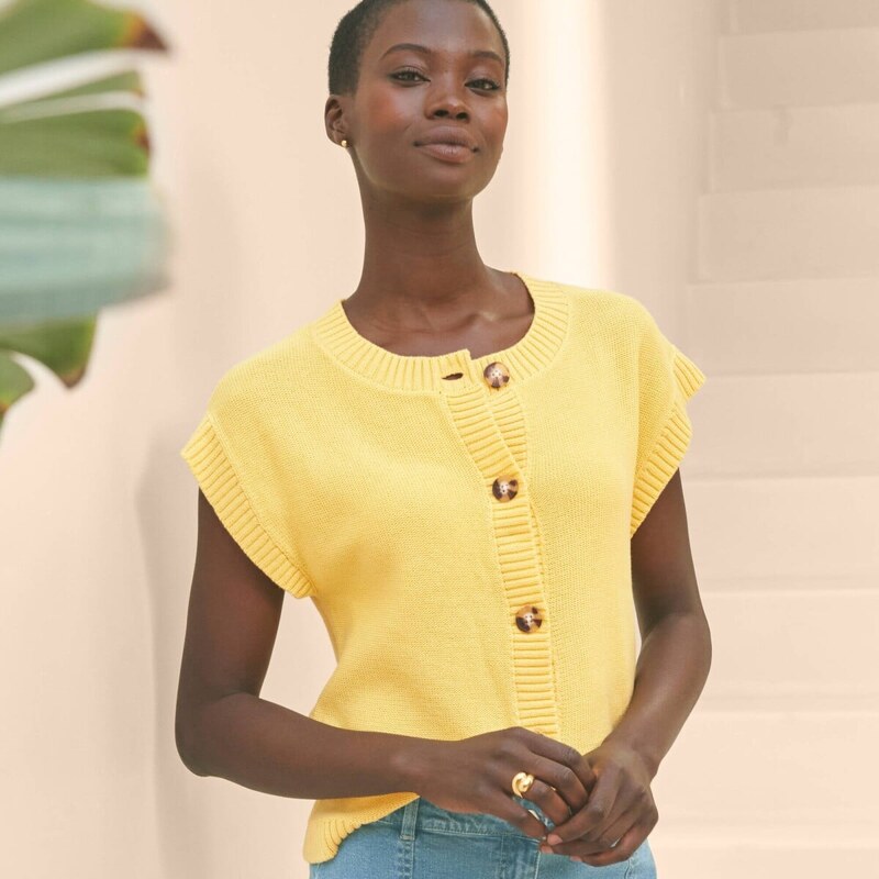 Úpletový sveter s krátkymi rukávmi žltá 054 Blancheporte 67387690