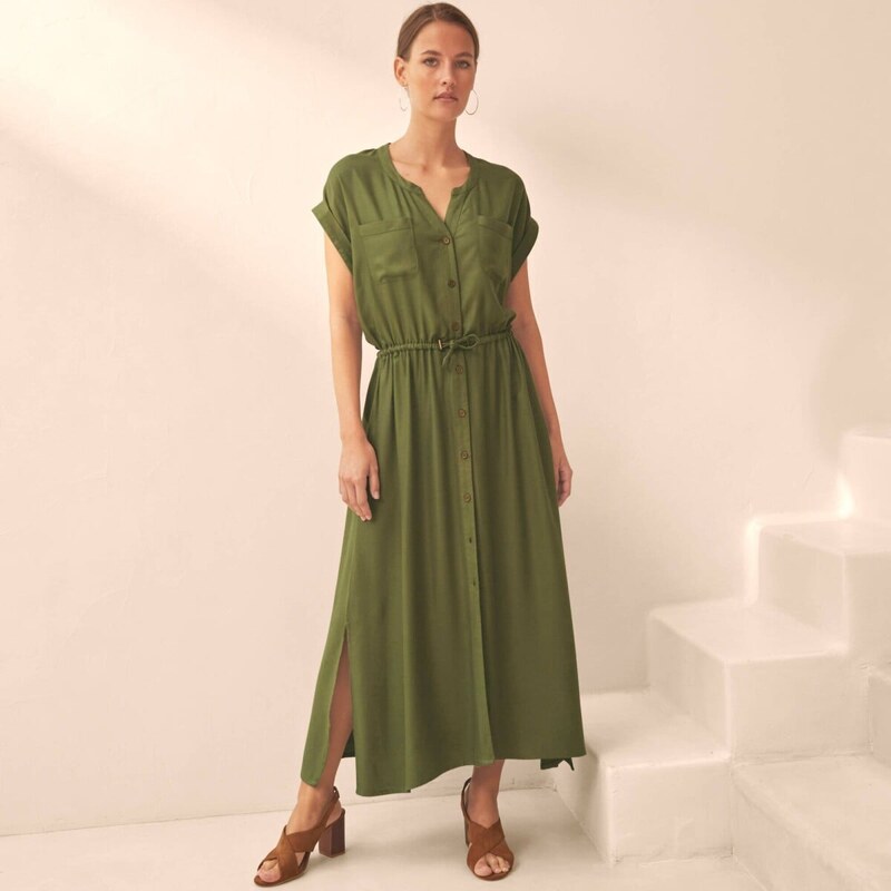 Košeľové midi šaty, jednofarebné khaki 054 Blancheporte 67387695