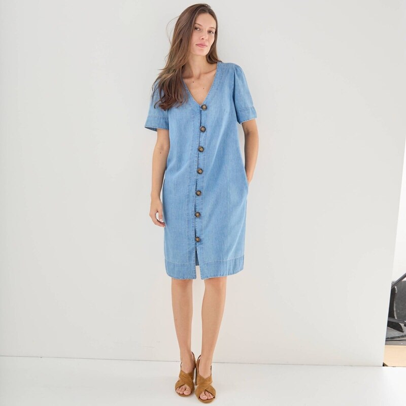 Krátke džínsové šaty na gombíky zapratá modrá 042 Blancheporte 67387696
