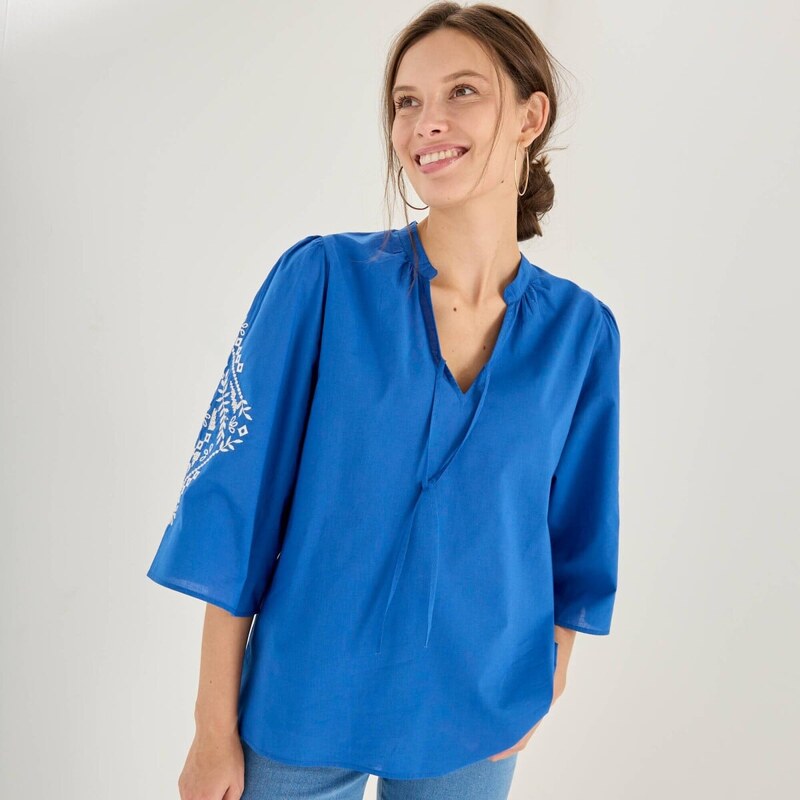 Blúzka s výšivkou a 3/4_x000D_ naberanými rukávmi modrá 054 67387715