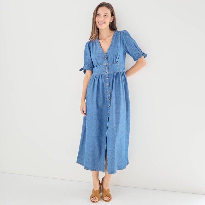 Dlhé rozšírené šaty z denimu na gombíky modrá 054 Blancheporte 67387711