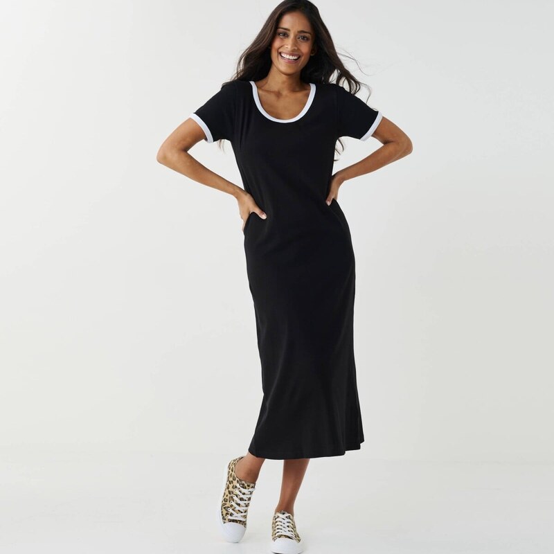 Midi jednofarebné džersejové šaty s kontrastnými lemami čierna/biela 67387721