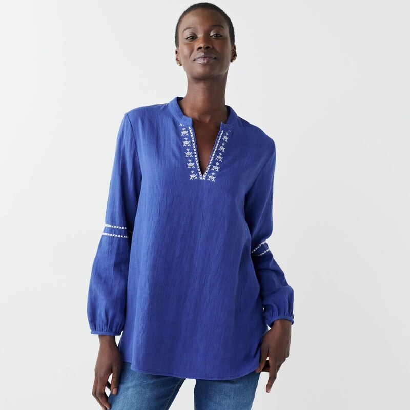 Bavlnená tunika s textúrou a výšivkou tmavomodrá/ražná 056 67387730