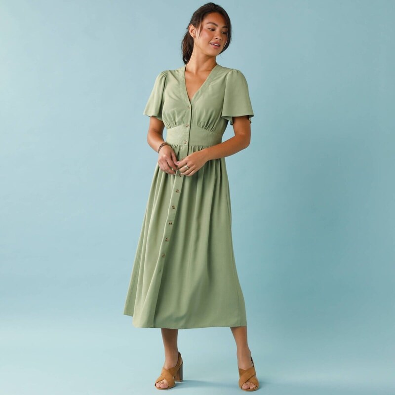 Dlhé jednofarebné šaty s gombíkmi pre nižšiu postavu zelená 052 67387748