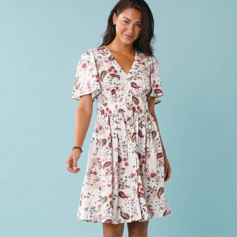 Krátke šaty s potlačou a gombíkmi pre nižšiu postavu ražná 052 67387770