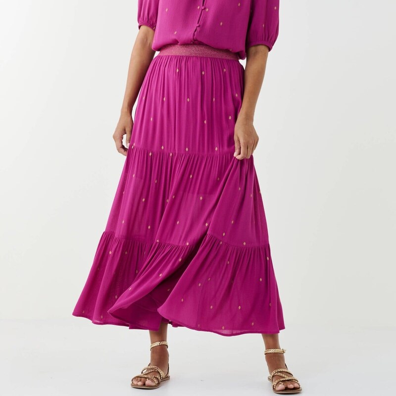 Dlhá volánová sukňa so zlatistou potlačou purpurová/zlatá 056 67387780