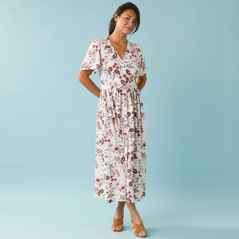 Dlhé šaty s potlačou a gombíkmi pre nižšiu postavu ražná 052 67387772