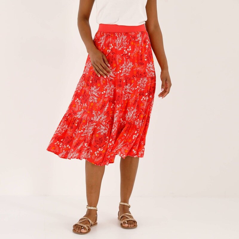 Midi volánová sukňa s potlačou kvetov koralová 056 Blancheporte 67387781