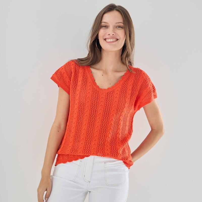 Blúzka z ažúrového úpletu s výstrihom do V oranžová 044 Blancheporte 67387784