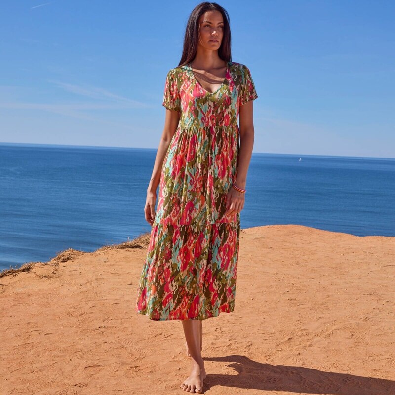 Krepónové midi šaty s výstrihom do V a pestrou potlačou khaki/ružová 67387790