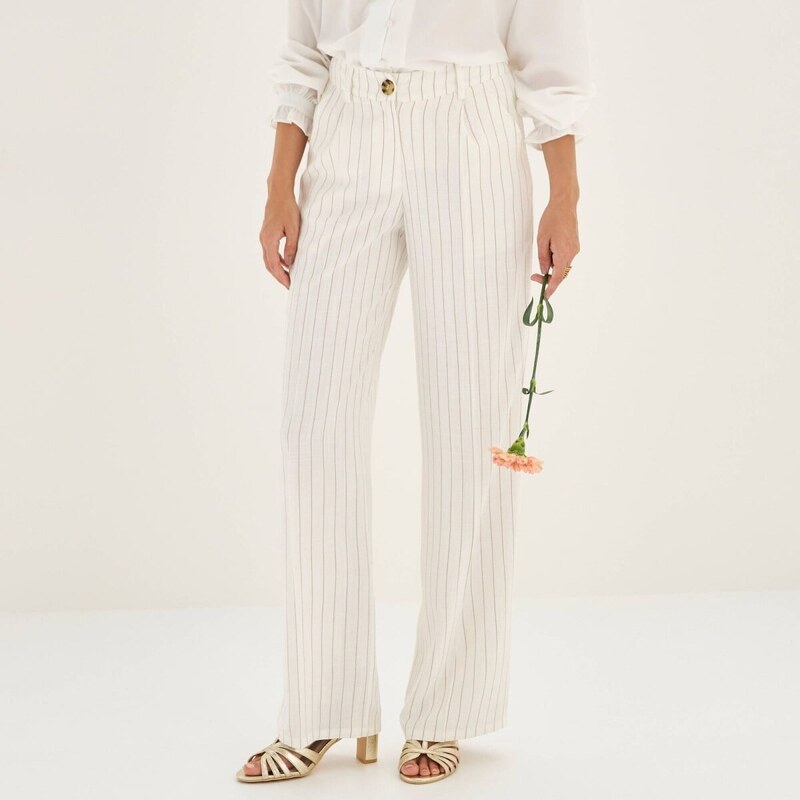 Široké pruhované nohavice s pukmi a prímesou ľanu biela 054 67387803