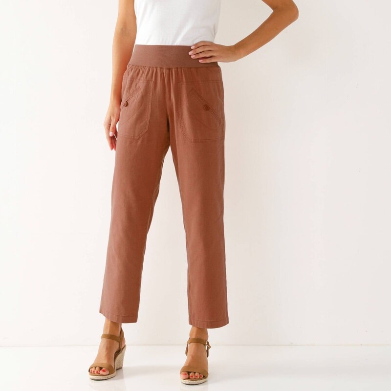 Rovné plátené nohavice po členky, s pružným pásom koralová 054 67387814