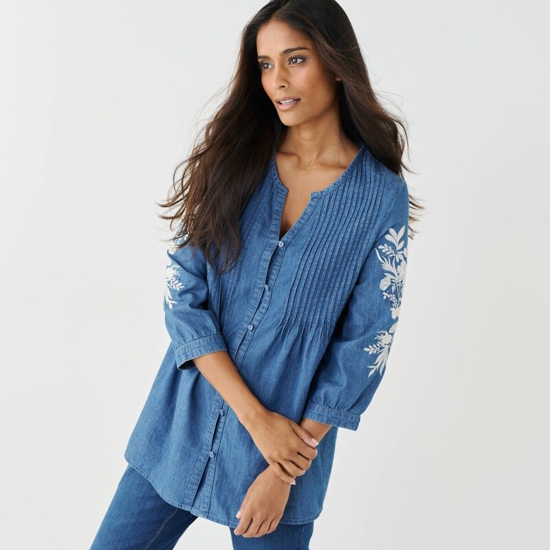 Tunika z denimu so zámikmi a výšivkou modrá/ražná 056 Blancheporte 67387818