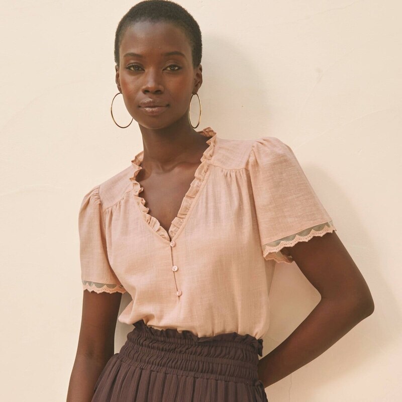 Blúzka s volánikmi a krátkymi rukávmi ružová pudrová 052 Blancheporte 67387825