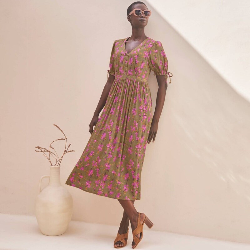 Midi šaty s krátkymi rukávmi a potlačou olivová 054 Blancheporte 67387832