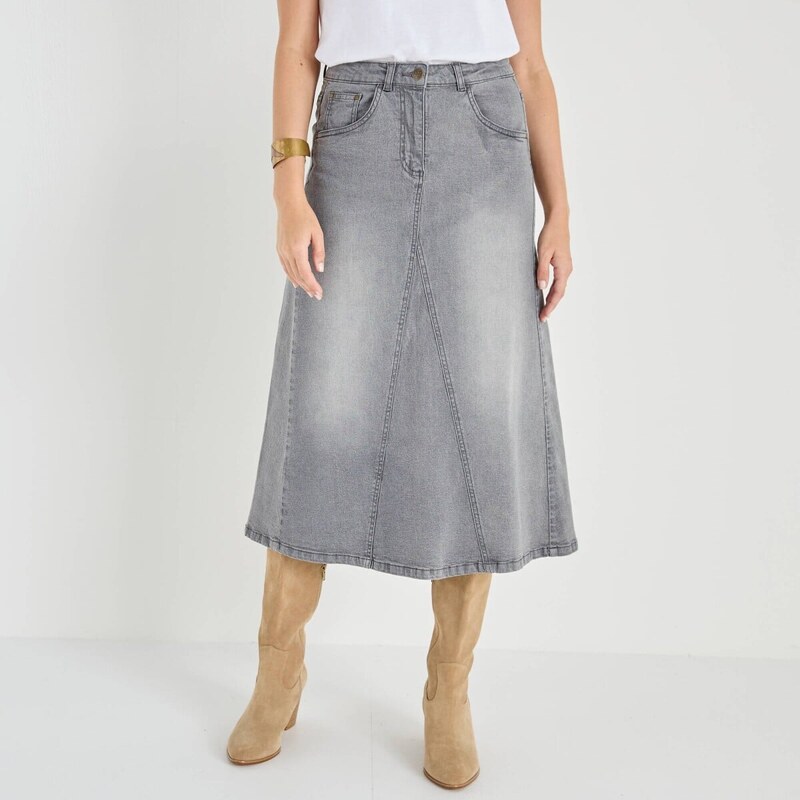 Rozšírená džínsová midi sukňa sivá 054 Blancheporte 67387851
