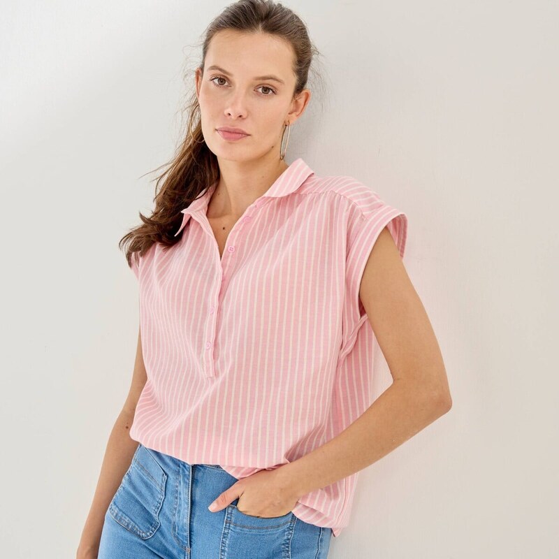 Prúžkovaná blúzka s výstrihom na gombíky ružová/biela 054 Blancheporte 67387854