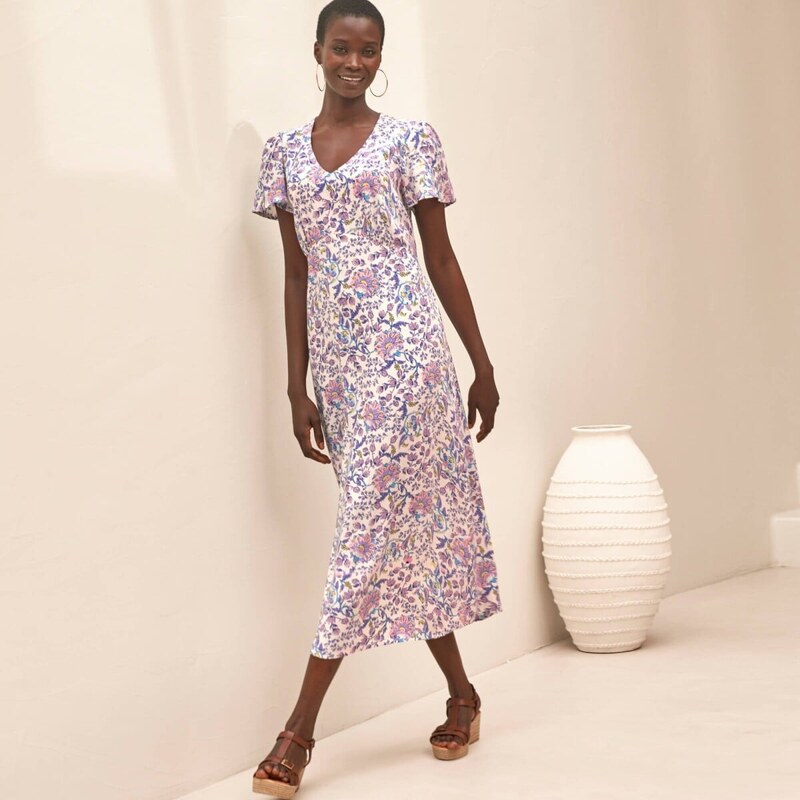 Dlhé šaty s výstrihom do V a potlačou režná/lila 054 Blancheporte 67387879