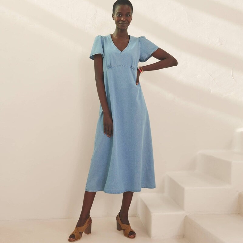 Midi džínsové šaty s rozšírenými rukávmi vypraná modrá 054 67387878