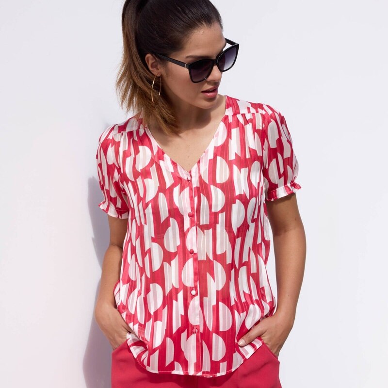 Košeľová blúzka s dvojfarebnou potlačou režná/červená 054 Blancheporte 67387877