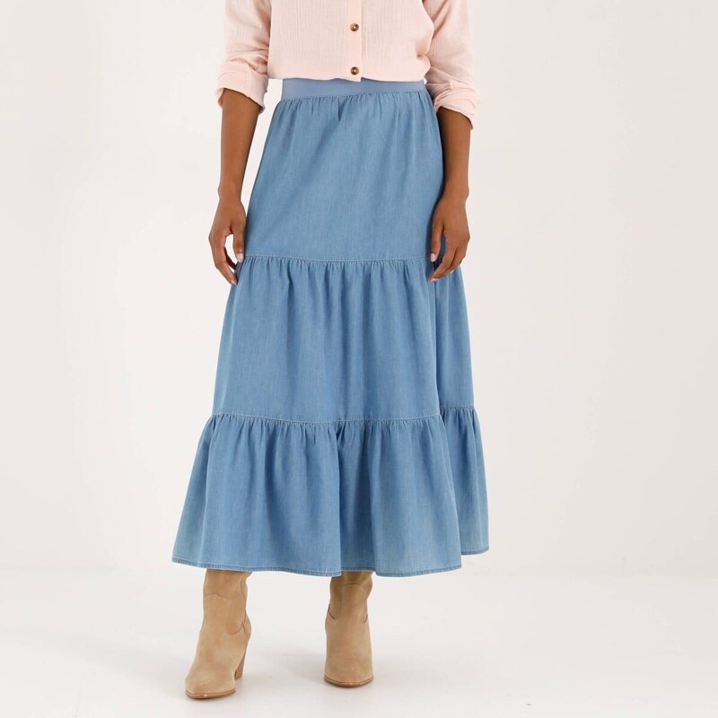 Dlhá volánová sukňa z tenkého denimu vypraná modrá 048 Blancheporte 67387882