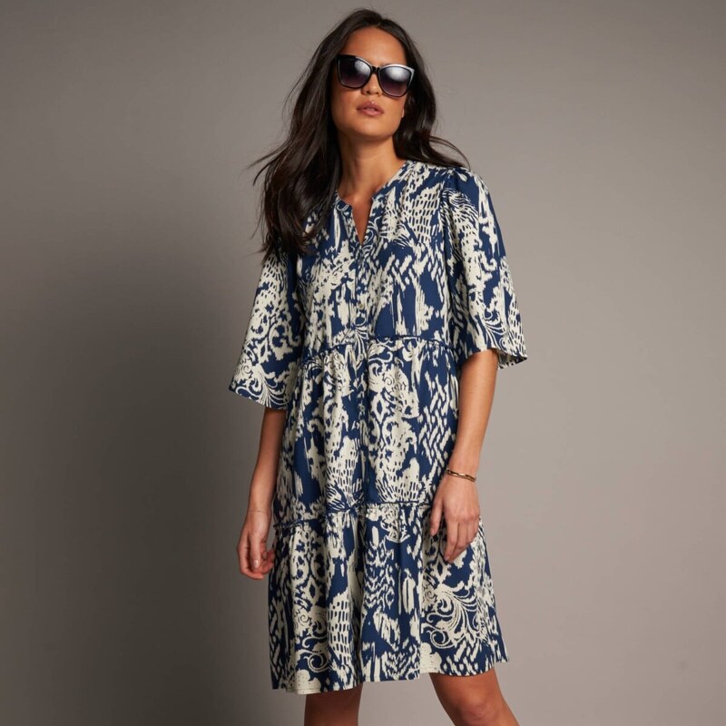 Krátke volánové šaty s etno potlačou indigo/režná 054 Blancheporte 67387885