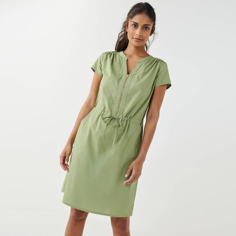 Krátke šaty s výstrihom na zips a šnúrkou v páse khaki 052 67387892