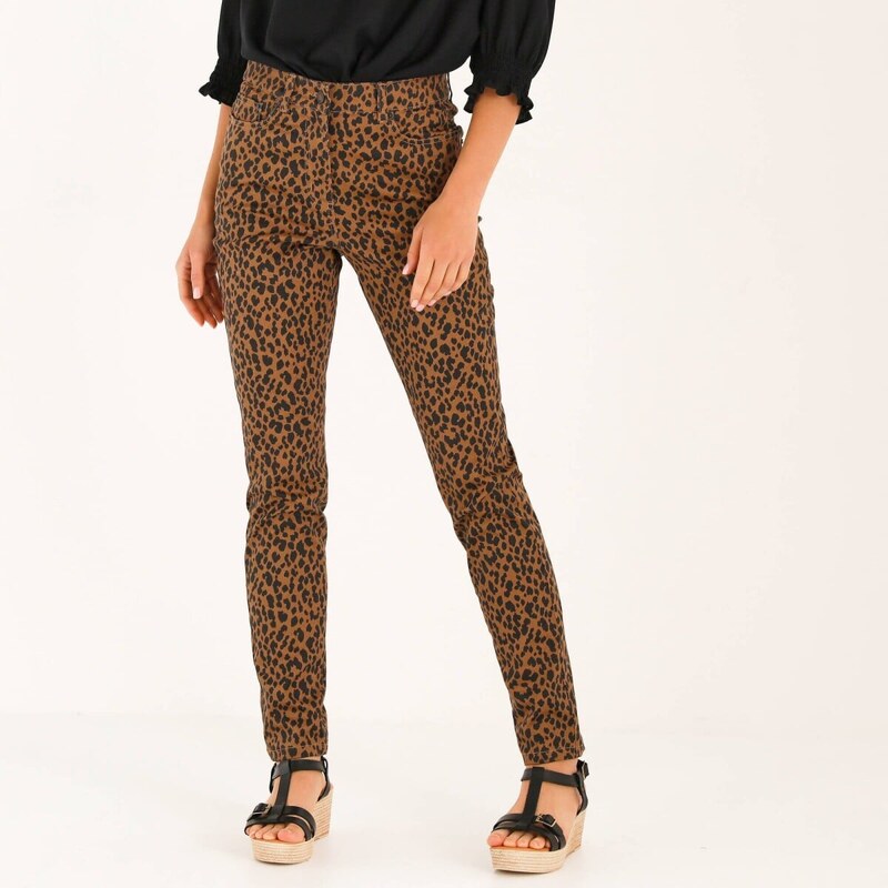 Úzke dlhé nohavice so zvieracou kresbou hnedosivá/čierna 052 67387891