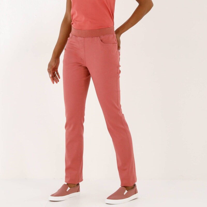 Pohodlné dlhé keprové nohavice s pružným pásom ružové drevo 054 67387910