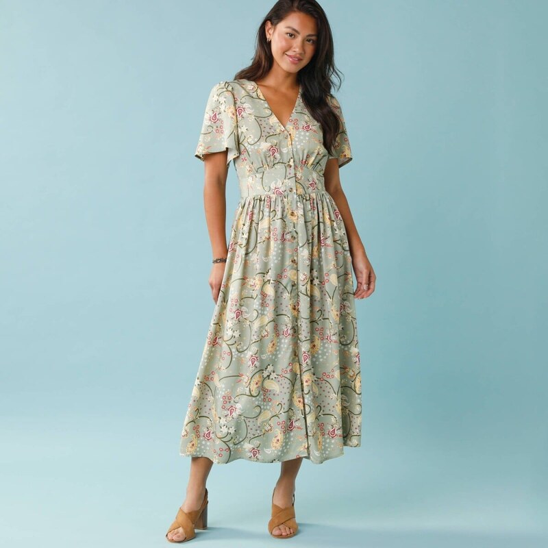 Dlhé šaty s potlačou a gombíkmi pre nižšiu postavu zelená 052 67387924