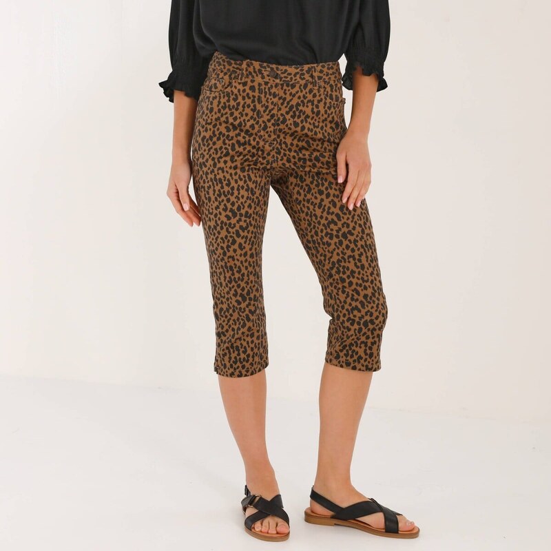 Úzke 3/4 nohavice so zvieracou kresbou hnedosivá/čierna 038 67387931