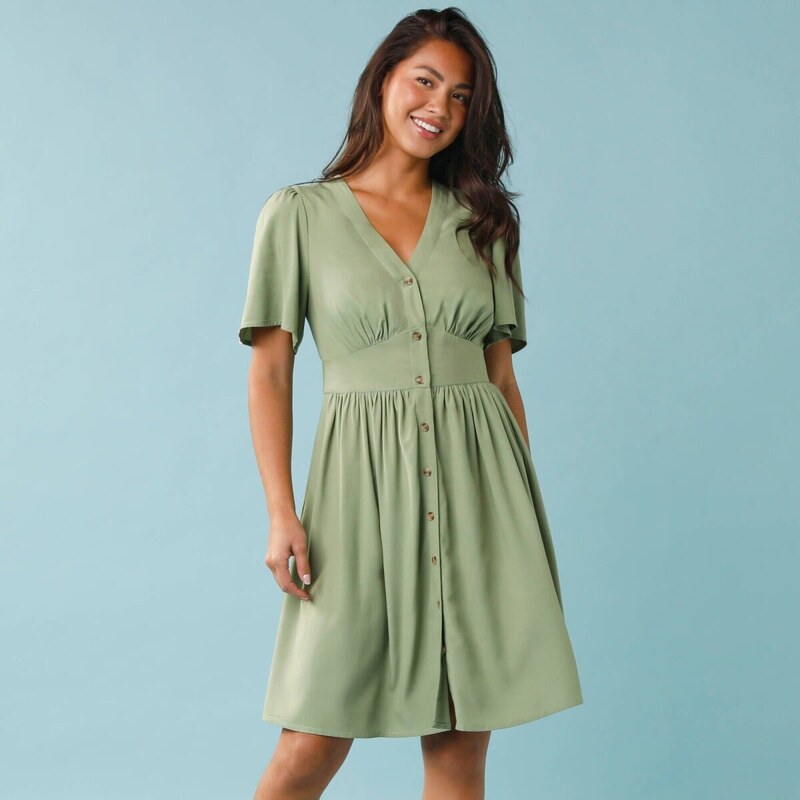 Krátke jednofarebné šaty s gombíkmi pre nižšiu postavu zelená 052 67387946