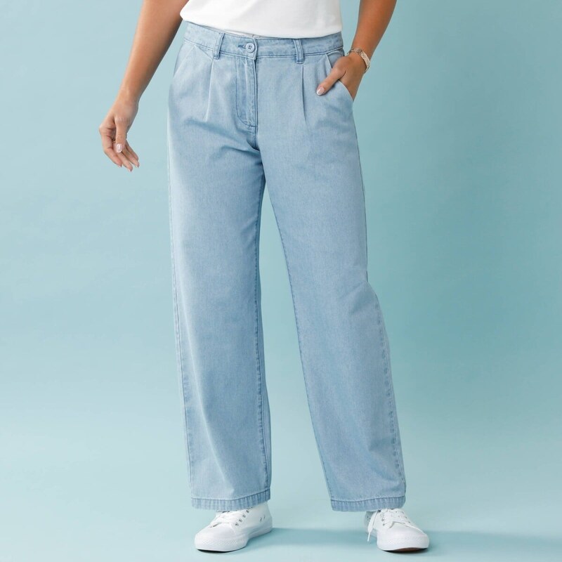 Denimové široké nohavice pre nižšiu postavu zapratá modrá 052 67387972