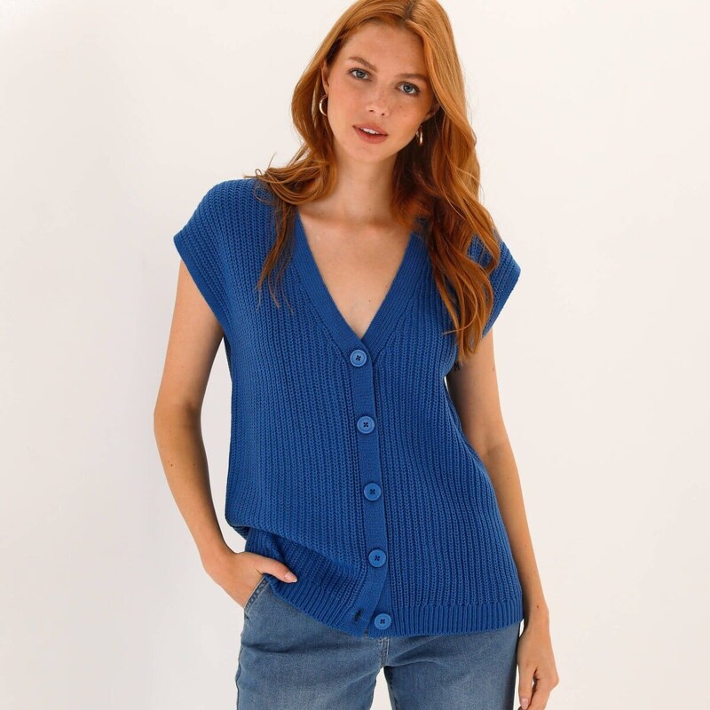 Vesta na gombíky s hladkým vzorom modrá 054 Blancheporte 67387982