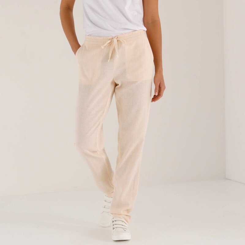 Zúžené nohavice s pružným pásom, z bavlny a ľanu prírodná 052 67387999