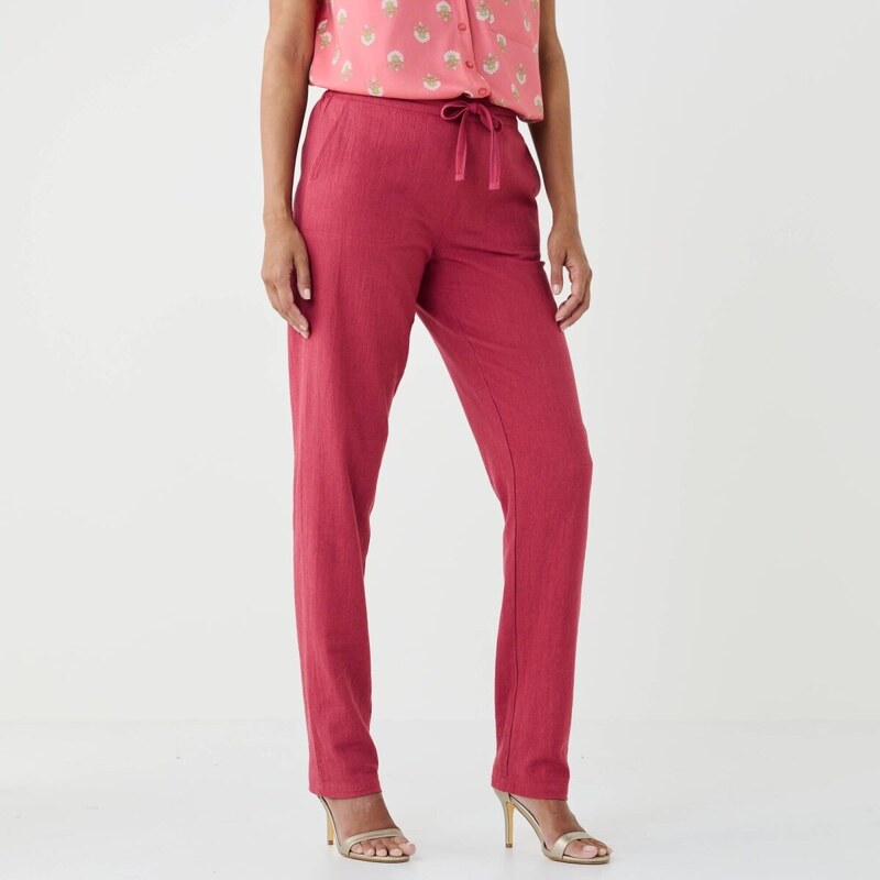 Zúžené nohavice s pružným pásom, z bavlny a ľanu ružové drevo 052 67387998