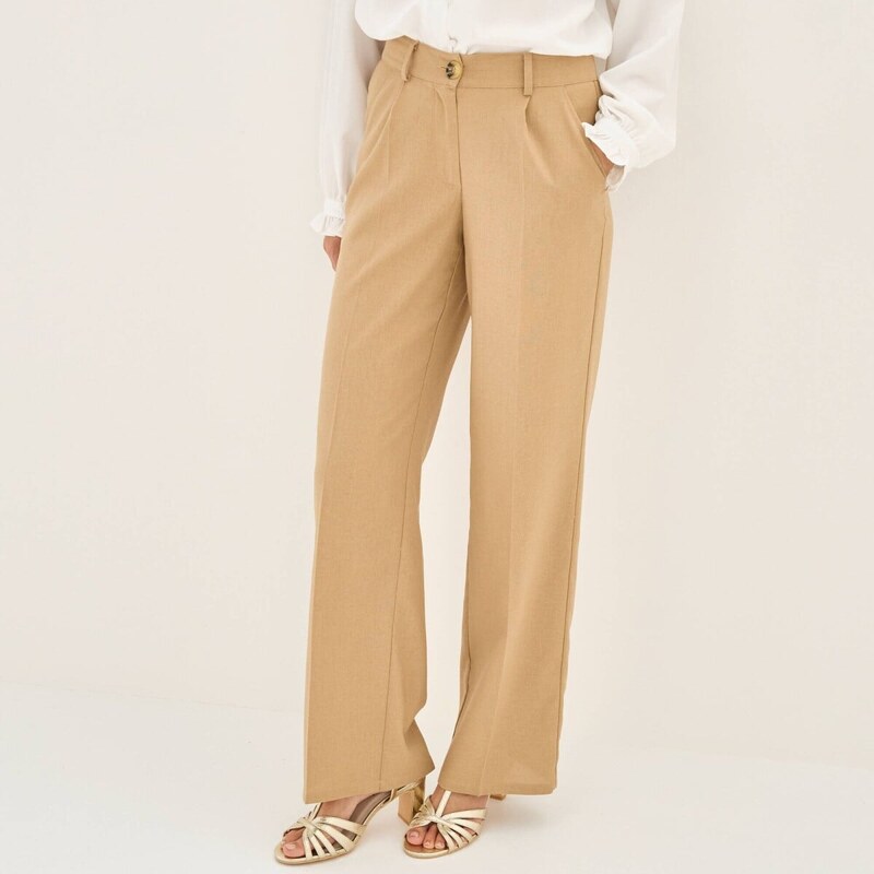 Široké jednofarebné nohavice s pukmi a prímesou ľanu béžová 054 67388008