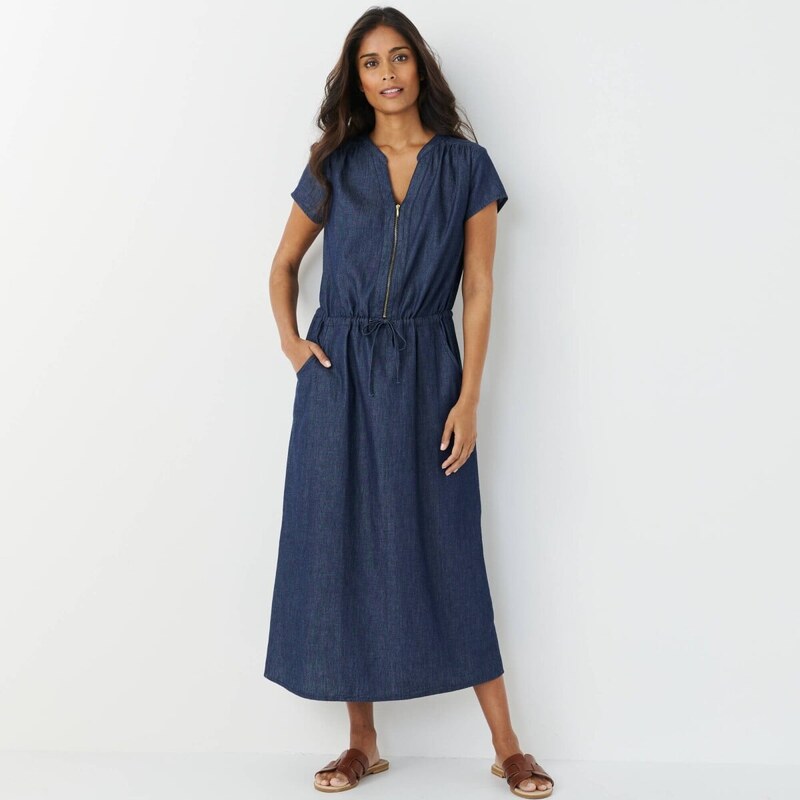 Midi šaty z tenkého denimu s výstrihom na zips a šnúrkou v páse 67388018