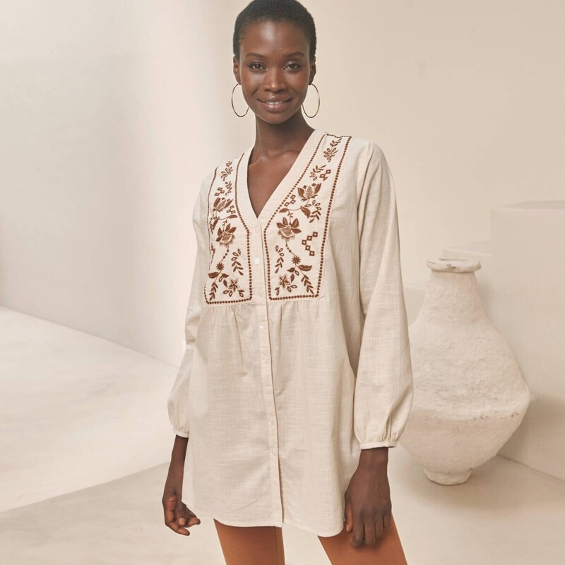 Tunika s výšivkou a gombíkmi béžová/karamelová 058 Blancheporte 67388046