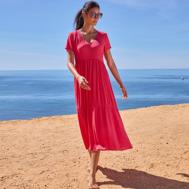 Krepónové jednofarebné midi šaty s výstrihom do V malinová 054 67388055