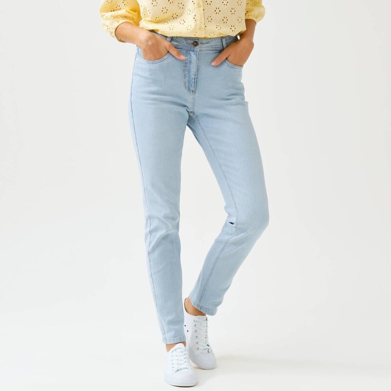 Úzke džínsy s vysokým pásompre vysokú postavu zapratá modrá 052 67388074