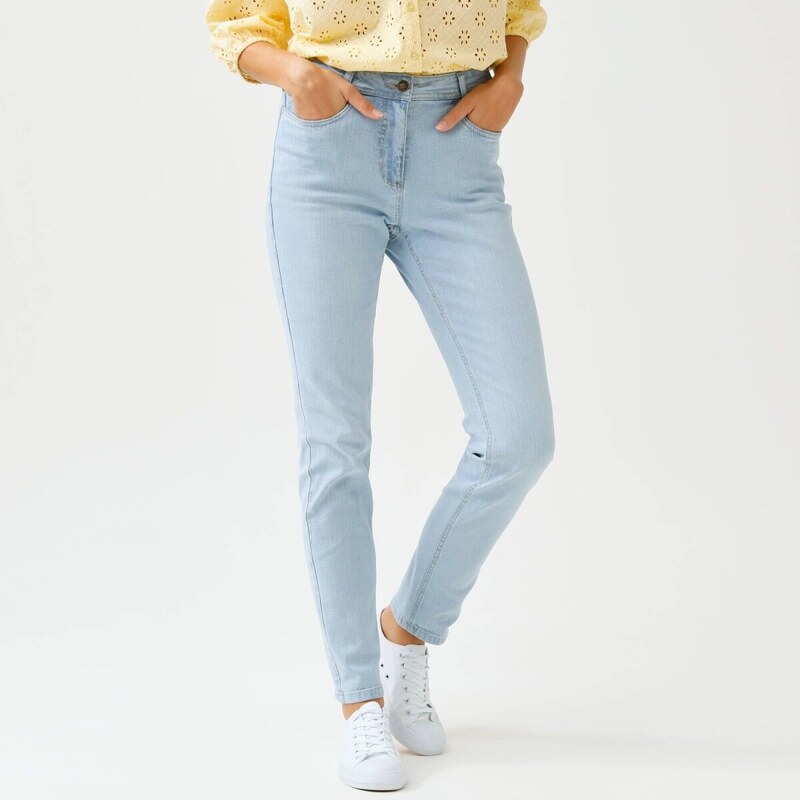 Úzke džínsy s vysokým pásom pre nižšiu postavu zapratá modrá 036 67388076