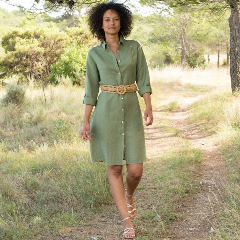 Krátke košeľové šaty zo zmesi bavlny a ľanu khaki 054 Blancheporte 67388107