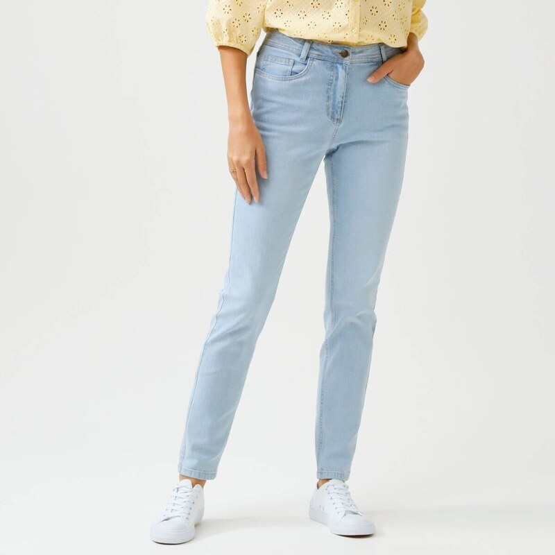 Úzke džínsy s vysokým pásom pre strednú postavu zapratá modrá 052 67388111