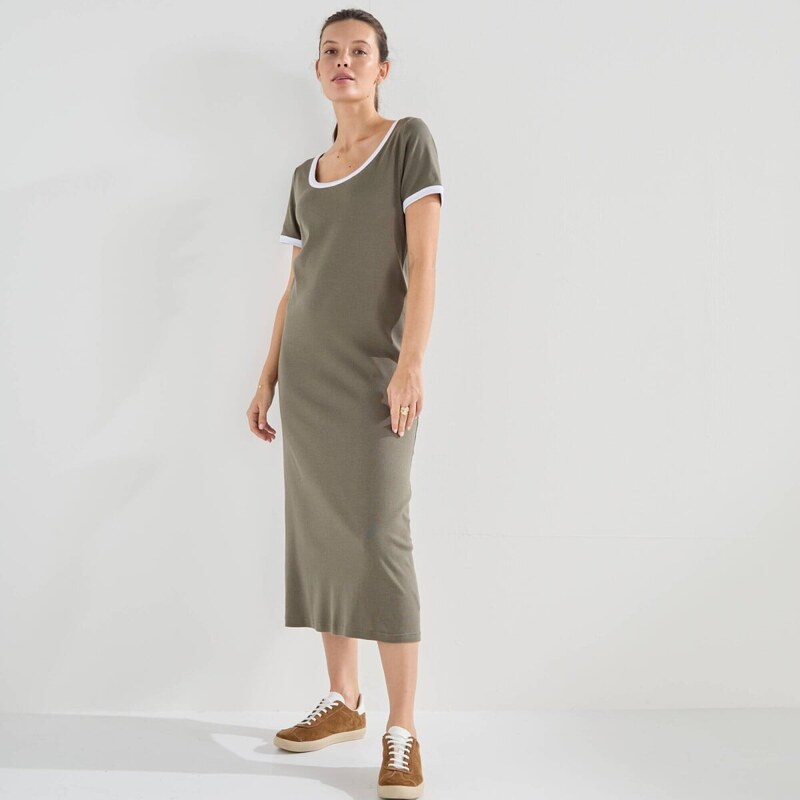 Midi jednofarebné džersejové šaty s kontrastnými lemami khaki/biela 67388116