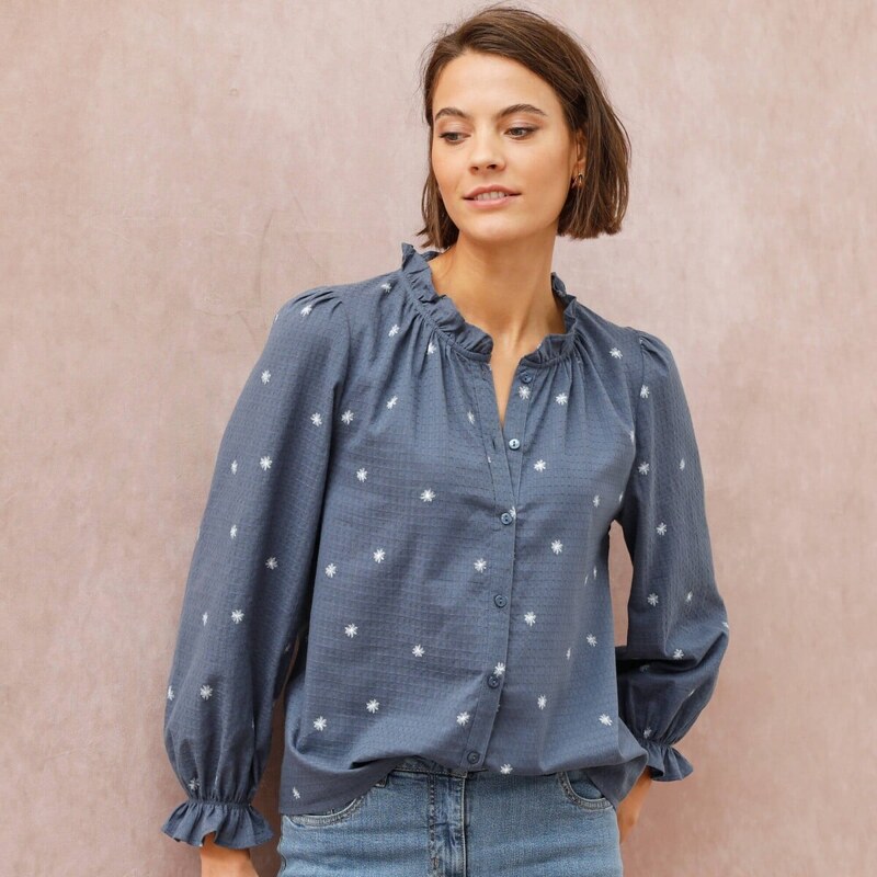 Blúzka s volánikmi a potlačou hviezdičiek modrosivá/ražná 052 67388145
