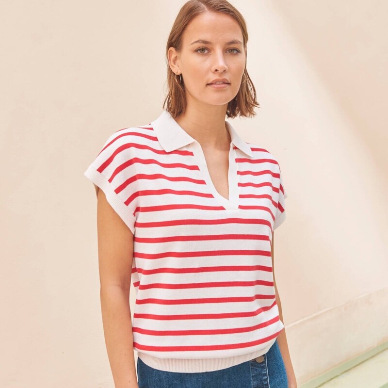 Pruhovaný pulóver s polo golierom a krátkymi rukávmi biela/červená 054 67388209