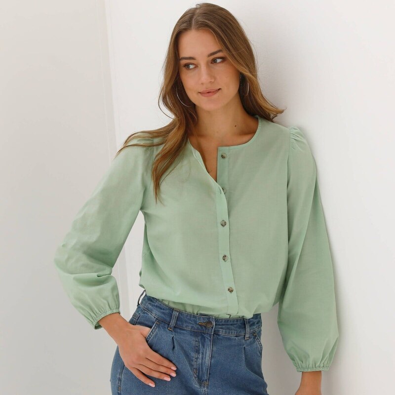 Jednofarebná blúzka s okrúhlym výstrihom zelená 054 Blancheporte 67388201